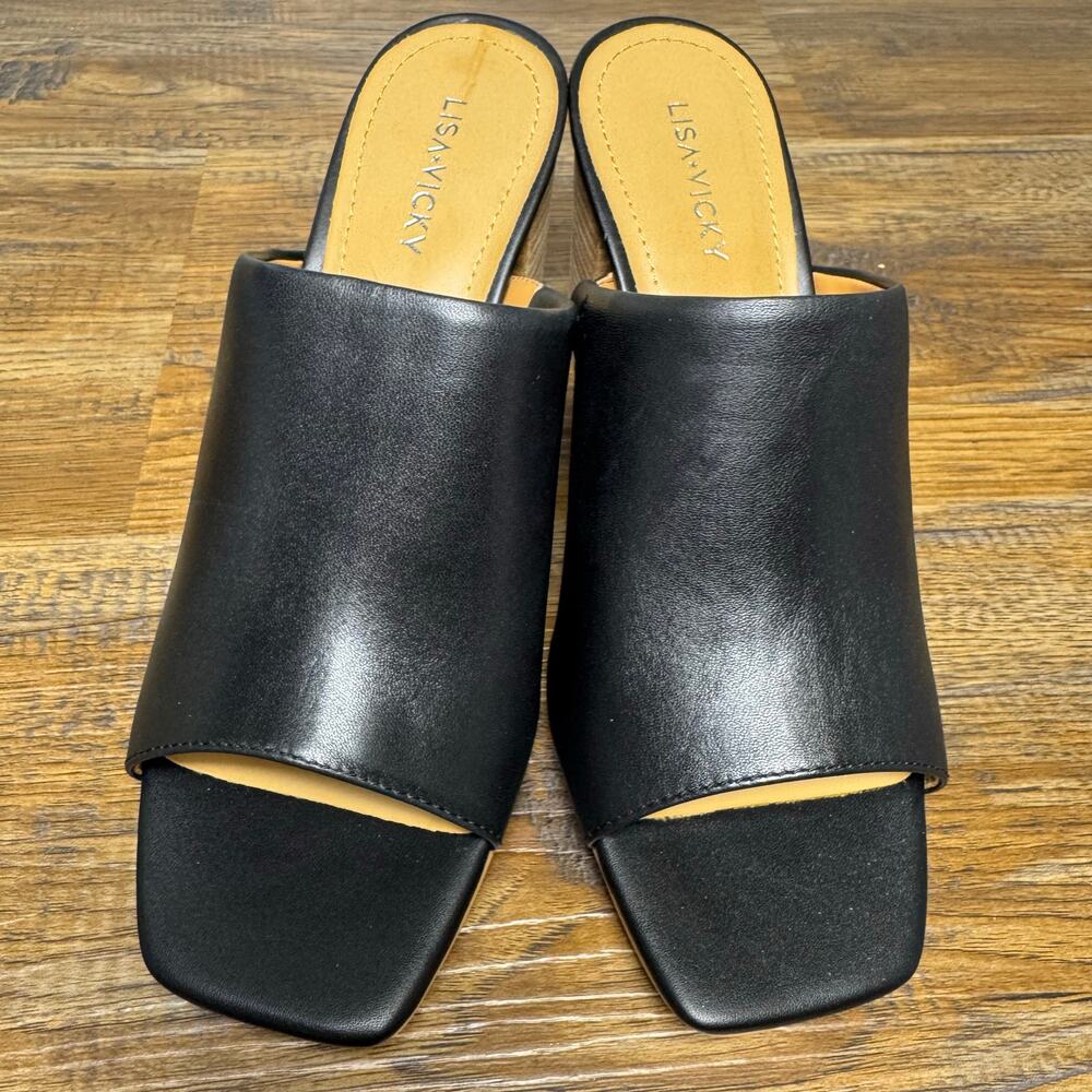 Lisa Vicky VIRTUE-V size 7.5 black sheep nappa stacked block heel slip on sandal - Picture 4 of 12
